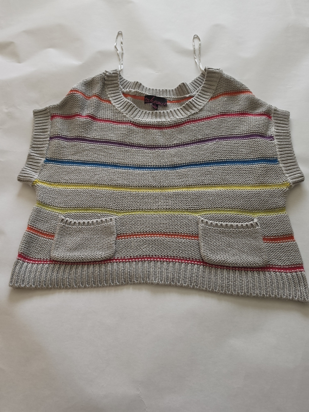 Striped Knit Crop Sweater Vest in Light Gray with Rainbow Stripes